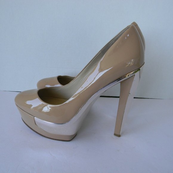 Brian Atwood PATENT Leather Leonida TAN/METALLIC PLATFORM HIGH HEELS SZ 8/38.5 - Picture 4 of 8